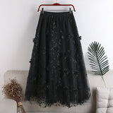 Spring 2025 New High-Rise Thin Double-Layer Mesh Shaft A-Shaped Skirt Three-Dimensional Embroidery Flower Mid-Long Skirt