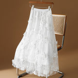 Spring 2025 New High-Rise Thin Double-Layer Mesh Shaft A-Shaped Skirt Three-Dimensional Embroidery Flower Mid-Long Skirt