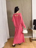 One-Word Shoulder Knitted Suit Women's Autumn Winter New Design Nail Bead Sweater Bottom Shirt Half Skirt Two Sets