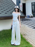 French Retro Wooden Ear In The Word Shoulder T-Shirt Girls Summer Irregularly Repair Waist Short Shoulder Tat