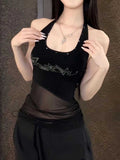Pure-Want-Style Sexy Black Mesh Hanging Neck Vest Women Summer New Wear Sweet Cool Hottie Sleeveless Top