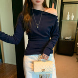 This Year's Popular High-End Feeling Button Inclined Shoulder Long-Sleeved T-Shirt Woman 2025 New Early Autumn Chic Chic Dew Shoulder