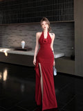Red Three-Dimensional Flowers Hanging Neck Dress Women's Summer Dress Dress Pure Want To Close The Waist Open Fork The Ass Skirt