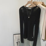 Commuting Pure Babes Hollow Wool Irregular Long-Sleeved Female Commuting Spring And Autumn New Thin Lazy Top