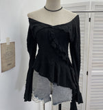 Design-Sensitive Hole Irregular Lotus Side Ribbon Shoulder Horn Long-Sleeved Top T-Shirt 9261