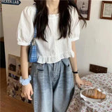 2025 Lotus Leaf Side Short-Sleeved Shirt Women High Waist Can Be Sweet Bubble Sleeve Fresh Leaf Side Shirt