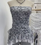 Real Shooting Wave Point Printing Yarn Tectonic Tector Vest Irregular Splicing Lace Ribbon Ribbon Leaves Edge Sleeveless Top 7231
