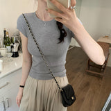 Grey Shoulder Short T-Shirt Girl 2025 New Slimming Summer Short-Sleeved Hottie Knitted Top