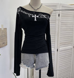 Vintage Cross Letter Print Slanted Shoulder Long-Sleeved T-Shirt T-Shirt Repair Babes Top 1633
