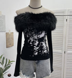 The Real Shot Of The Long-Sleeved Long-Sleeved Shoulder-Clothed T-Shirt And Sweet And Spicy Niche Short Thin Velvet Bottom 1376