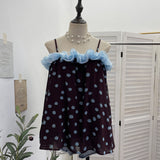 Real Shooting Holiday Storm Point Print Sling Vest Loose Doll Shirt Bumping Wood Ear Lace Sleeveless Top 656