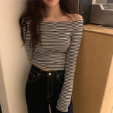 Spring And Summer New Stripe Shoulder To Show Body Temperament Blouse Showing Lean Sleeves Bottom Shirt T-Shirt Woman