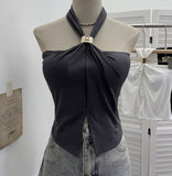 French Hanging Neck Sling Vest With Chest Pad Open Fork Short Bramped Stairless Top 9286