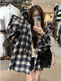Vintage Languid Wind Bumpy Long-Sleeved Plaid Shirt Coat Women's Autumn Loose Casual Small Hooded Top