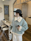Korean High-Grade Light Blue Collar Short Lamb Wool Coat Women 2026 Winter Leather Jacket Top