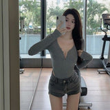 Autumn New Conjoined Long-Sleeved Top Women's Summer Fashion Style V Collar Outside Wearing A Bottom Shirt