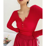 V-Neck Buckle Babes Dress Design Long-Sleeved Sexy Elastic Body Solid-Colored Bottom Shirt
