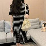 Striped POLO Collar Zipper Knitted Dress Women Summer Korean Loose Sweet And Lovely Design Short-Sleeved Skirt