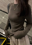Threaded Slimmed Head Bottom Knitted Shirt Women Autumn 2025 New Round Collar With Shoulder Long Sleeve Top