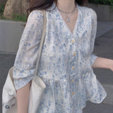 Broken Flower Doll Shirt Half-Sleeved Chiffon Shirt Women Spring And Summer Small Loose Thin Top Temperament Elegant Large Code