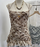 Rally Lattice Mesh Sling Sling Vest Hanging Neck Splicing Lace Irregular Lotus Leaf Edge Ribbon Sleeveless Top 6511