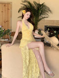 Pure Hottie Seaside Photo Dress Yellow Lace Hanging Neck Before The Back Of The Long Dress Ambience Island Skirt
