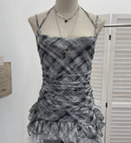 Rally Lattice Mesh Sling Sling Vest Hanging Neck Splicing Lace Irregular Lotus Leaf Edge Ribbon Sleeveless Top 6511