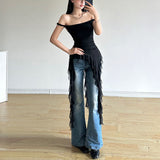 2025 New Tea Rest Gentle Lotus Leaf Side Sexy Sling Woman Summer A Word Shoulder Repair Short Top