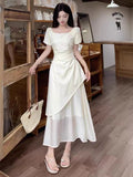 French Temperament Design Sense Irregular Square Collar Bubble Sleeve Dress Women Summer Large Size Fat MM Folding Long Dress