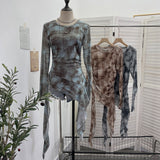 Vintage Print Double-Layer Mesh Long-Sleeved Top Design Feel Irregular Ribbon-Up T-Shirt 99981