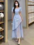 French Temperament Design Sense Irregular Square Collar Bubble Sleeve Dress Women Summer Large Size Fat MM Folding Long Dress
