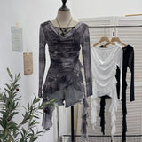 Real Shooting Swing ë·ë· ɴ Mesh Stitching Lace Long Sleeve Bottom Top Irregular Ribbon Design T-Shirt 1322