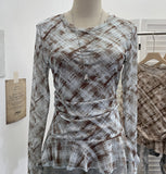 Double-Layer Mesh Lattice Waist Fold Irregular Hem With Long-Sleeved Top Repair T-Shirt 15671
