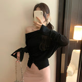 2026 Early Spring Word Shoulder Collar Knitted Shirt Woman Out Of The Shoulder To Wear A Bottom Shirt Spring And Autumn High-End Feel Sweater