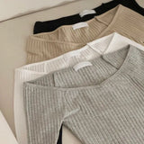 Gray U-Neck Spring New Tight Body Show Bare Shoulder Long Sleeves And Bottom Shirt T-Shirts South Korea's New Top