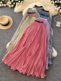 Striped Half-Dress Women 2026 New Tight Waist Hanging Long Skirt Wave Hem Swing 100 Folds Skirt