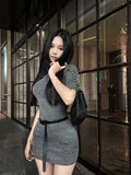 Grey Half-Necked Short-Sleeved Knitted Dress Girl Spring Body Repair Dress Sister Babes Hip Skirt
