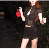 Spice Girls Set Black Mesh Yarn Long-Sleeved T-Shirt Top Women 2026 Summer New Small Shirt Sweet Cool Shirt