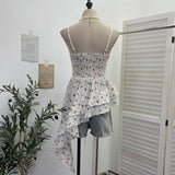 Real Shoot Broken Flower Sling Vest Irregular Lotus Side Ribbon Foldless Short Blouse Female 1223
