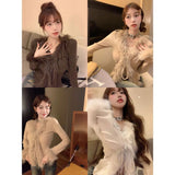 Thai Women's Slightly Fat MM Autumn And Winter New Atmosphere T-Shirt V-Neck Temperament Strapped Cardigan High-End Feel Inside The Top