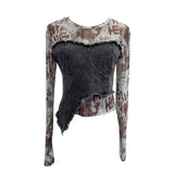 Solid Shooting Tie-Dye Print Spliced Denim T-Shirt Girl Autumn Design Sense Irregular Hair Side Short-Sleeved Top 2617