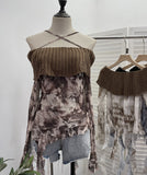 Real Shot Shoulder Cross Hanging Neck Knitting Mesh Yarn Coat Irregular Ribbon Horn Long-Sleeved T-Shirt 1101