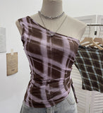 Real-Slender Mesh Slant Shoulder Lattice Sling Sling Waist Strap With Short Shoulderless Sleeveless Top 8075