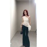 Lace Pure Desire To Collar Bare Shoulder Sleeveless Vest Women Summer Slim Thin Tops Irregular Hottie