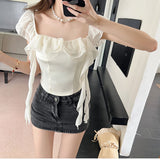 [] Solid Color Splicing Trend Drift Belt Vest Female Pure Lust Wind Lotus Leaf Side Design Slings