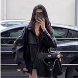 Black Retro Locomotive Collar Pu Leather Coat Female Cool Wind 2025 Spring And Autumn New Leather Jacket Top