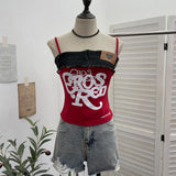 Real-A-Case Letter-Print Spliced Denim Sling Vest Repair Outside The Hot Babes Bumpy Short Sleeveless Top 2309