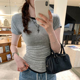 2026 Early Spring Temperament Korean Niche Round Collar Shoulder Short-Sleeved T-Shirt Female Commute Summer White Explosion