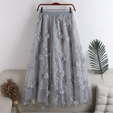 Spring 2025 New High-Rise Thin Double-Layer Mesh Shaft A-Shaped Skirt Three-Dimensional Embroidery Flower Mid-Long Skirt