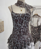 Leopard-Print Spliced Lace Ribbon Hanging Neck Irregular Sling Vest Sleeveless Top 1852